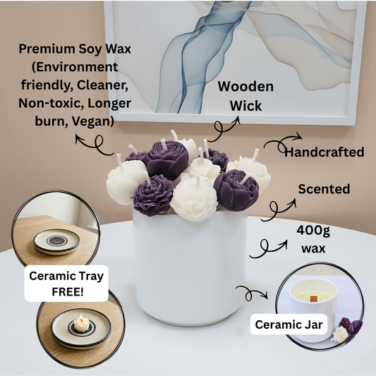 Ceramic Scented Bouquet Jar with Flower Melts | Coconut-Soy Wax | Home Decor | Ceramic Tray Included (FREE)