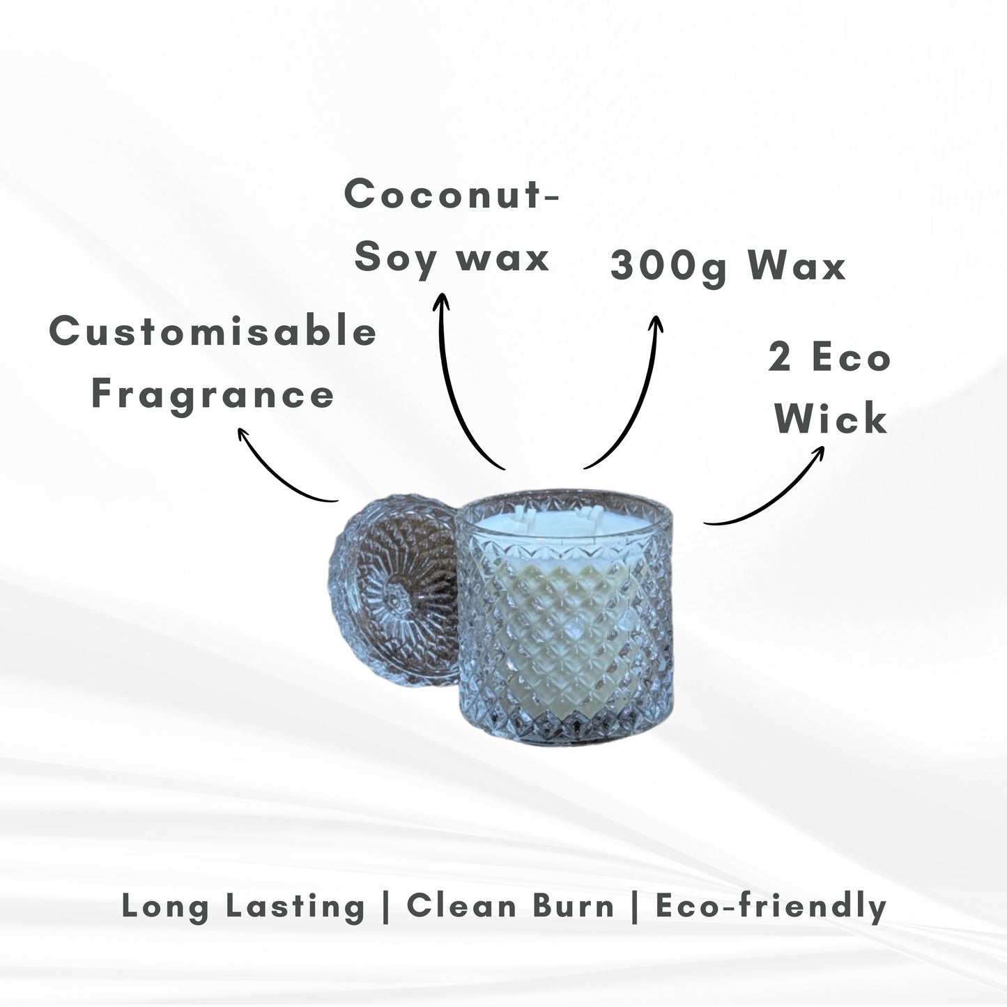 Crystal Jar Candle – 300g | Coconut-Soy Wax | Customisable Fragrance | 50–60 Hour Burn