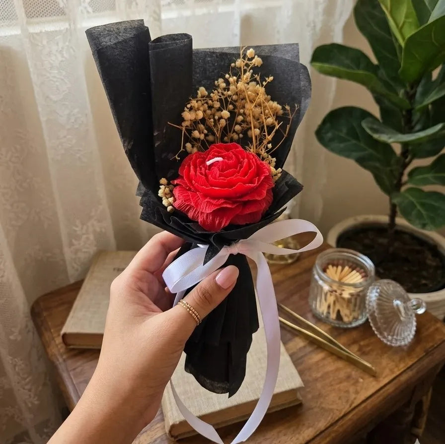 Handcrafted red peony scented bouquet candle featuring an intricate, crimson artisanal floral flower arrangement design for premium home decor
