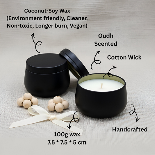 Black Matte Tin Scented Candle | Oudh Fragrance | Coconut-Soy Wax | Aromatherapy | Minimalist Design