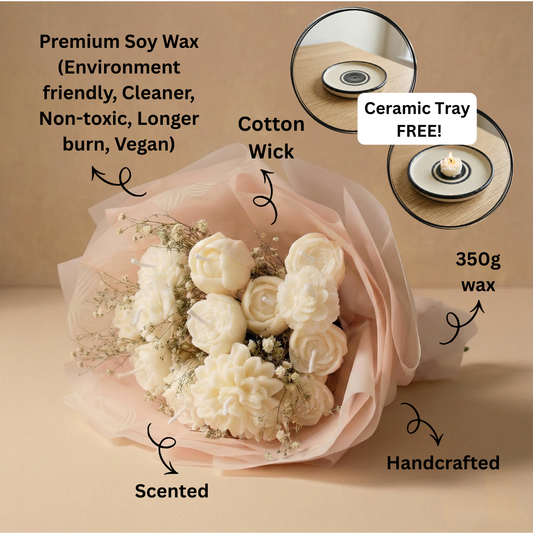Ivory Scented Bouquet with Flower Melts | Floral Fragrance | Premium Soy Wax | Pink, White | Ceramic Tray Included (FREE)