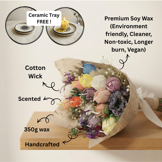 Multicolor Scented Bouquet with Flower Melts | Floral Fragrance | Premium Soy Wax | Ceramic Tray Included (FREE)