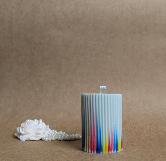 Mystic Stripes Pillar Candle | Soy Wax Blend | 380g | Decorative Design | Long Burning