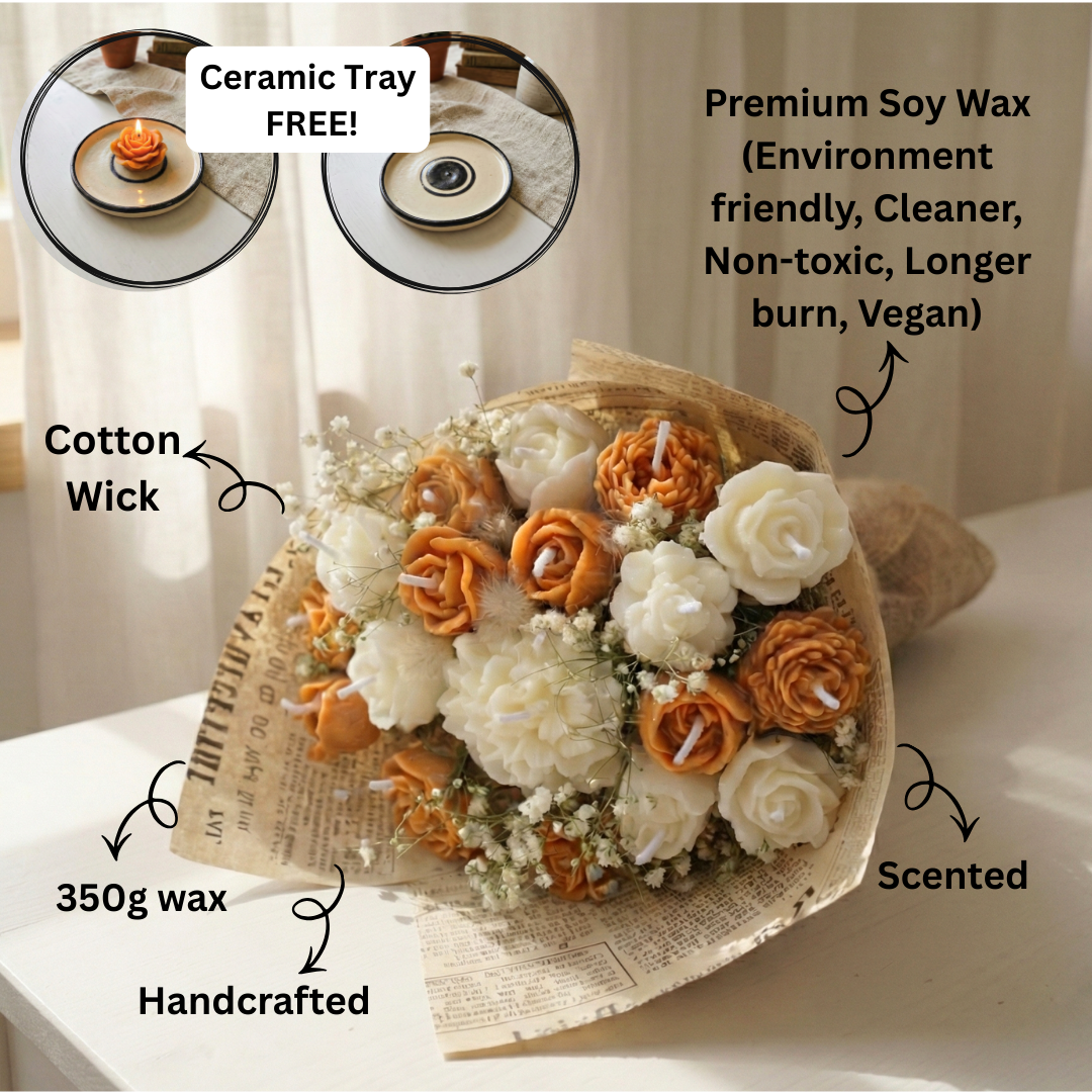 Peach and White Scented Bouquet with Flower Melts | Floral Fragrance | Premium Soy Wax | Peach, White | Ceramic Tray Included (FREE)
