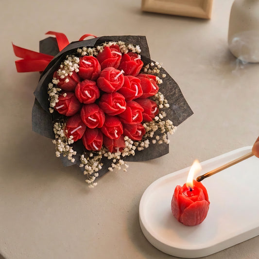Red Tulips Scented Bouquet Candle | Flower Melts | Floral Fragrance | Premium Soy Wax | Ceramic Tray Included (FREE)