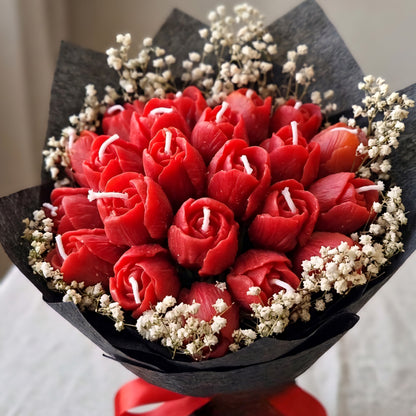 Red Tulips Scented Bouquet Candle | Flower Melts | Floral Fragrance | Premium Soy Wax | Ceramic Tray Included (FREE)