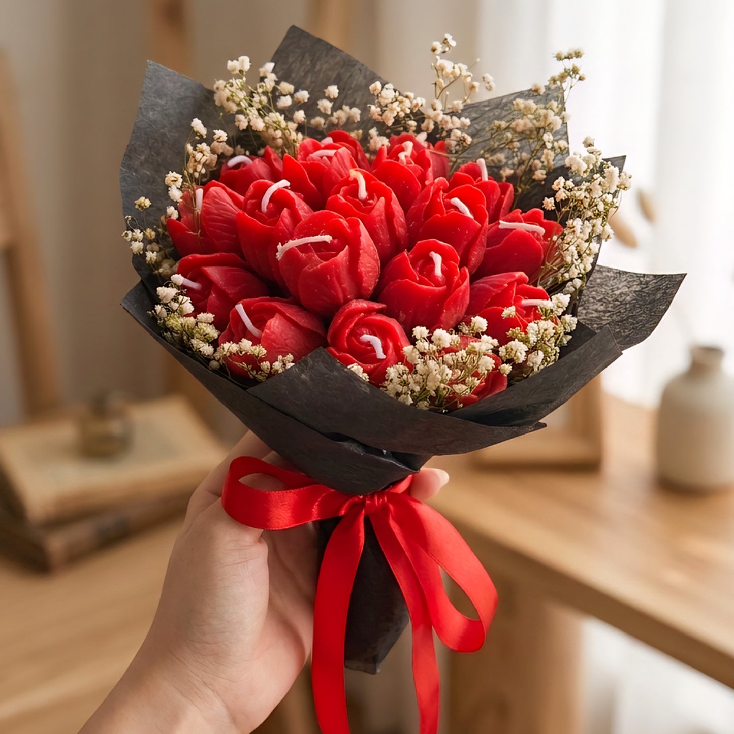 Red Tulips Scented Bouquet Candle | Flower Melts | Floral Fragrance | Premium Soy Wax | Ceramic Tray Included (FREE)