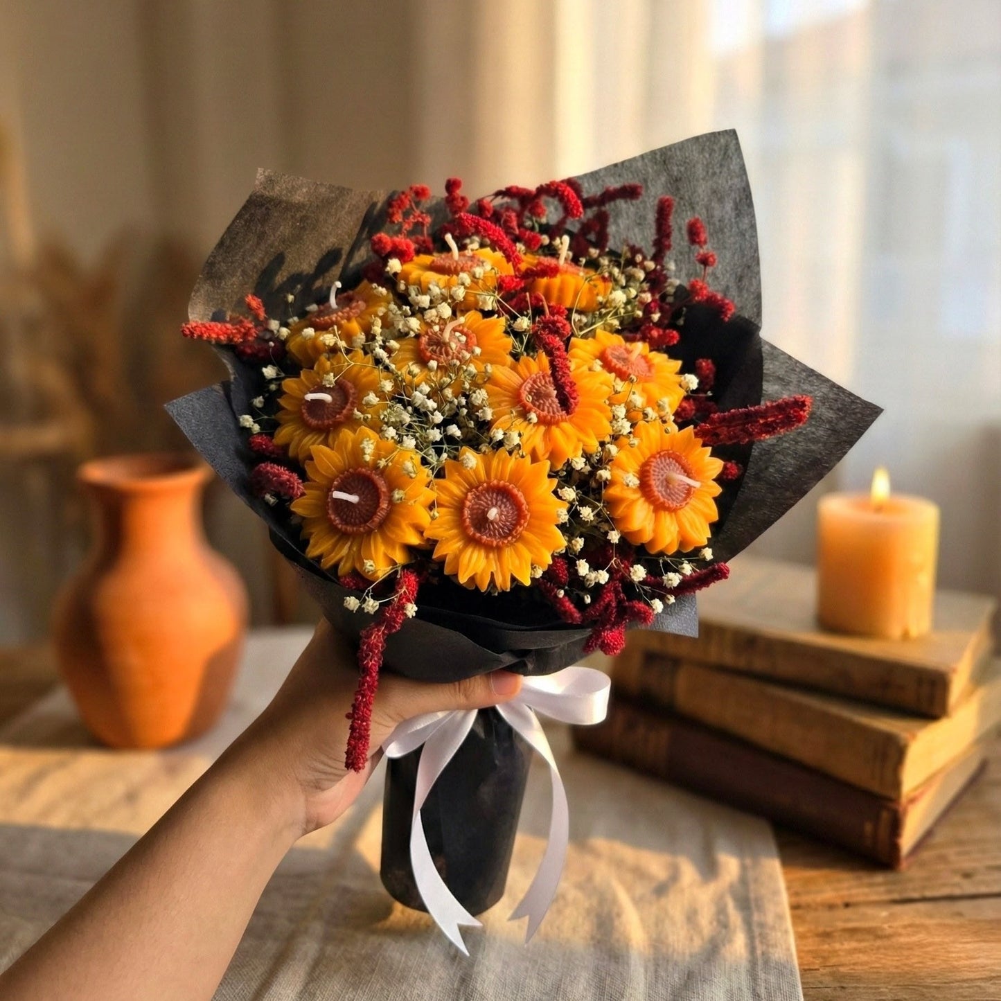 Sunflower Scented Bouquet with Flower Melts | Floral Fragrance | Premium Soy Wax | Ceramic Tray Included (FREE)