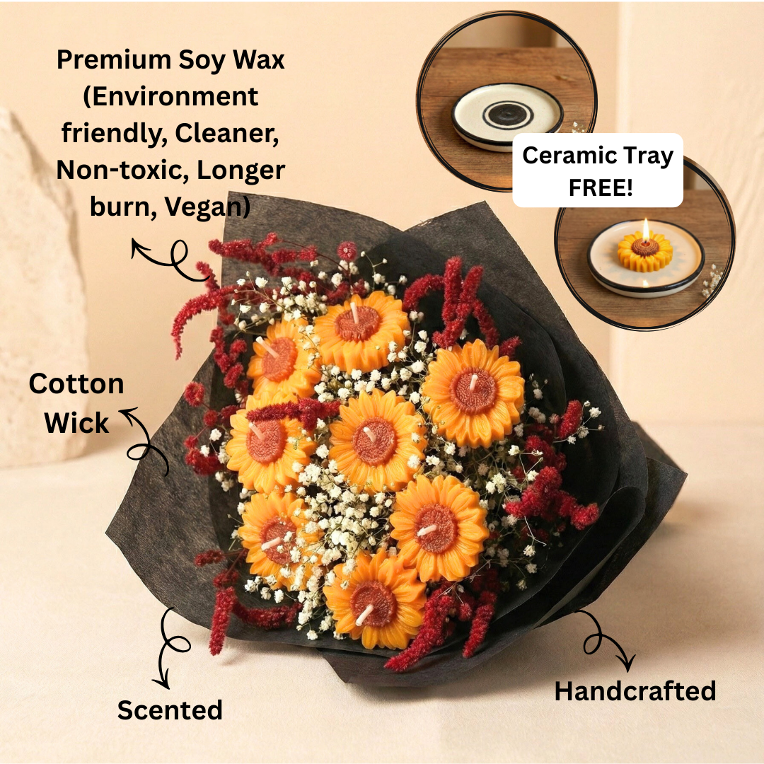 Sunflower Scented Bouquet with Flower Melts | Floral Fragrance | Premium Soy Wax | Ceramic Tray Included (FREE)