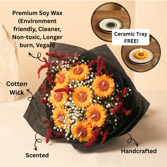Sunflower Scented Bouquet with Flower Melts | Floral Fragrance | Premium Soy Wax | Ceramic Tray Included (FREE)