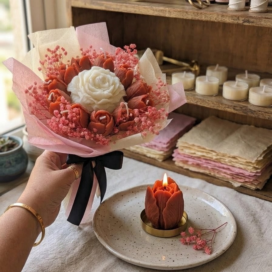 White Peony and Peach Tulips Scented Bouquet Candle