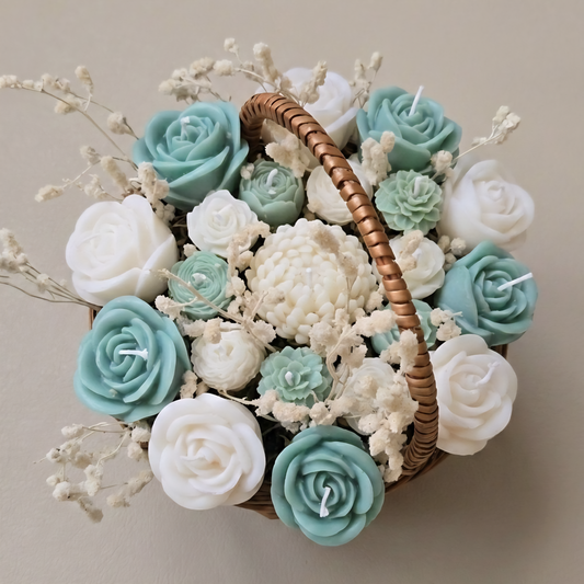 Wooden Round Basket Multi-Floral Bouquet Scented Candle | Flower Melts | Floral Fragrance | Natural Soy Wax | Ceramic Tray Included (FREE)