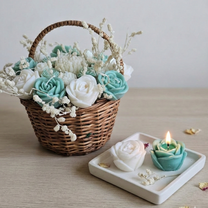 Wooden Round Basket Multi-Floral Bouquet Scented Candle | Flower Melts | Floral Fragrance | Natural Soy Wax | Ceramic Tray Included (FREE)