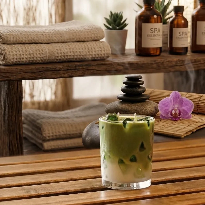 The matcha latte fragrance jar candle styled as a minimal, aesthetic decor accent piece on a modern home office desk setup for a calming vibe