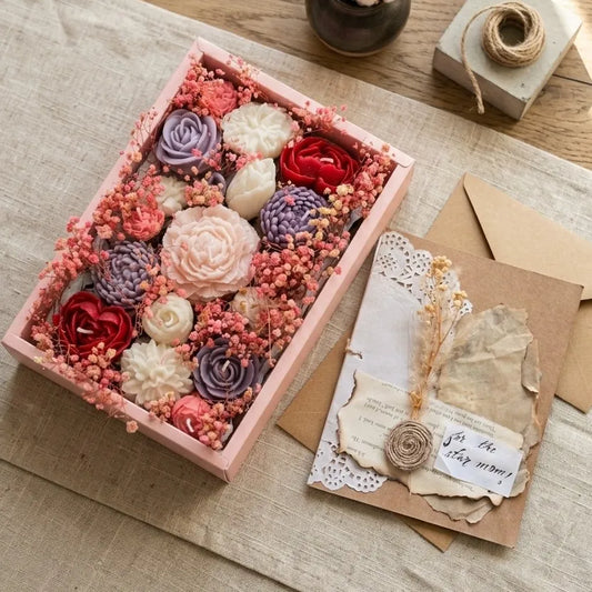 Top-down aesthetic view of the opened pink bouquet candle box displaying the beautifully curated dried floral arrangement inside