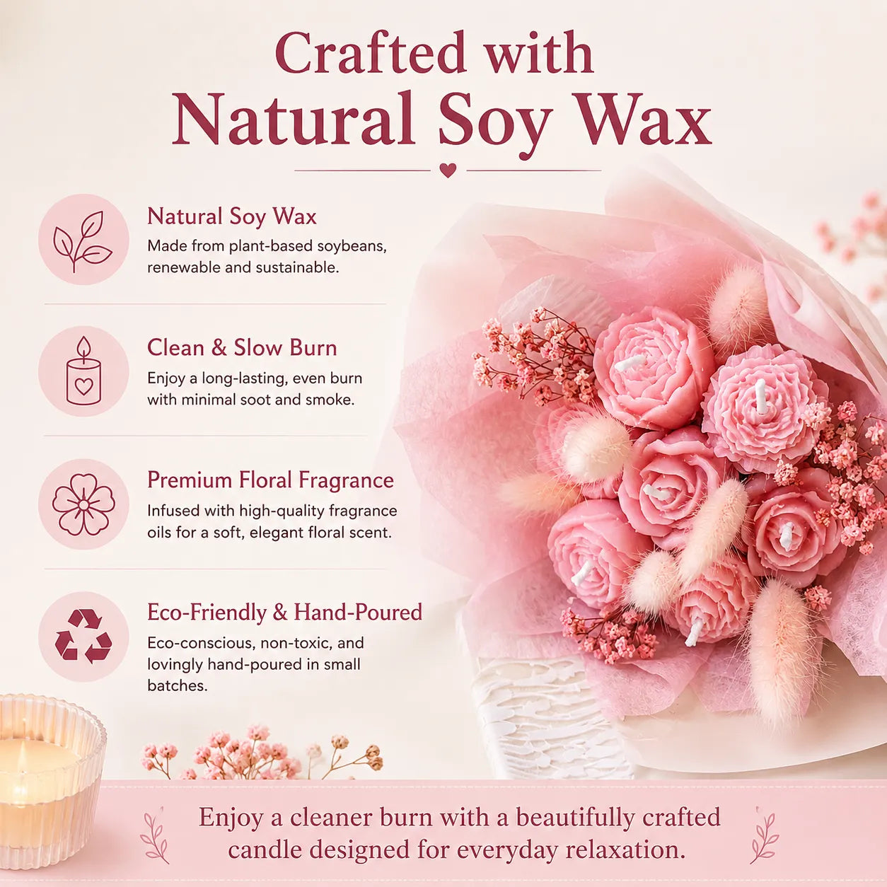 Elegant mini pink bouquet candle crafted from soy wax, perfect anniversary gift with real dried flowers