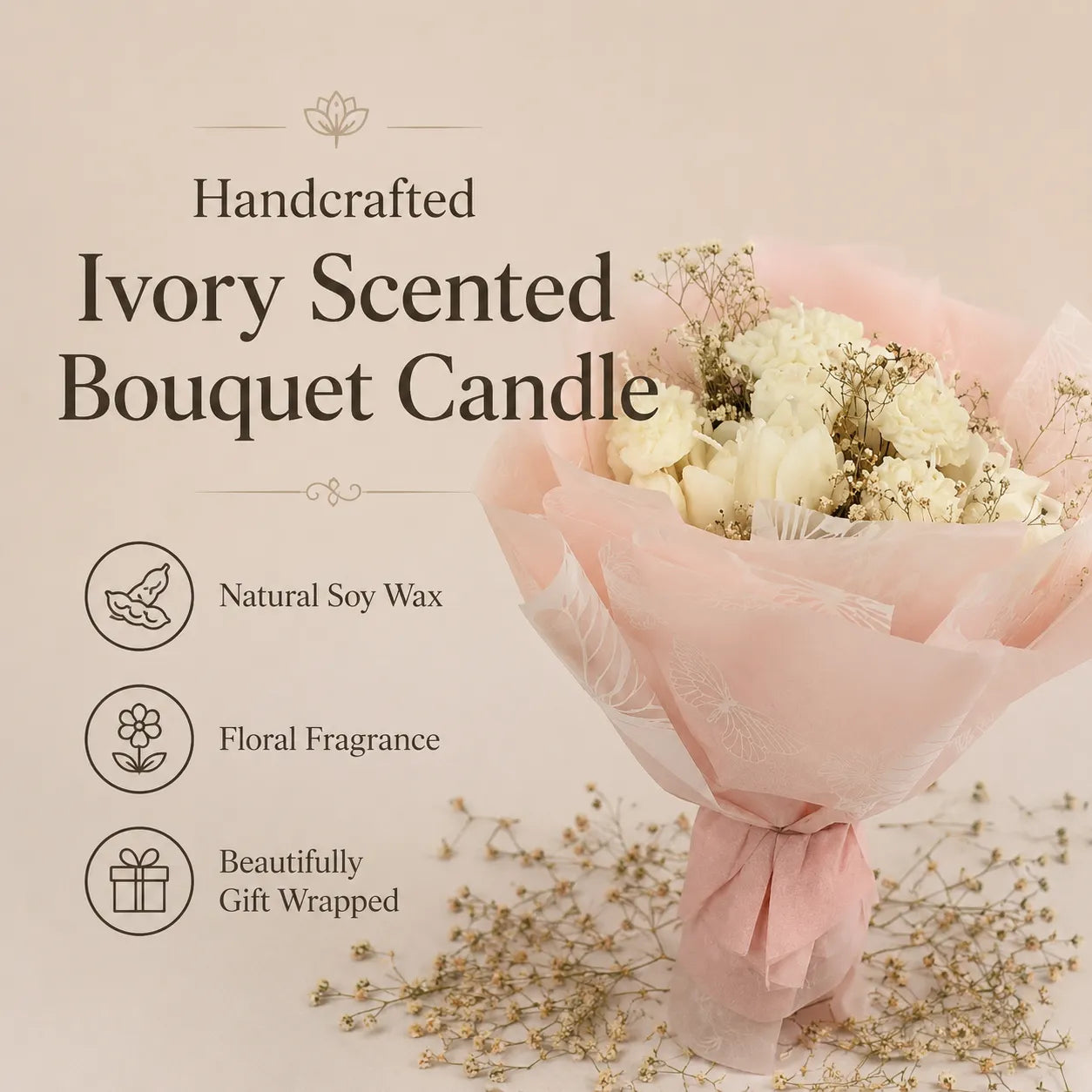 Ivory white scented bouquet candle, a beautiful birthday gift made with natural soy wax and real dried flowers
