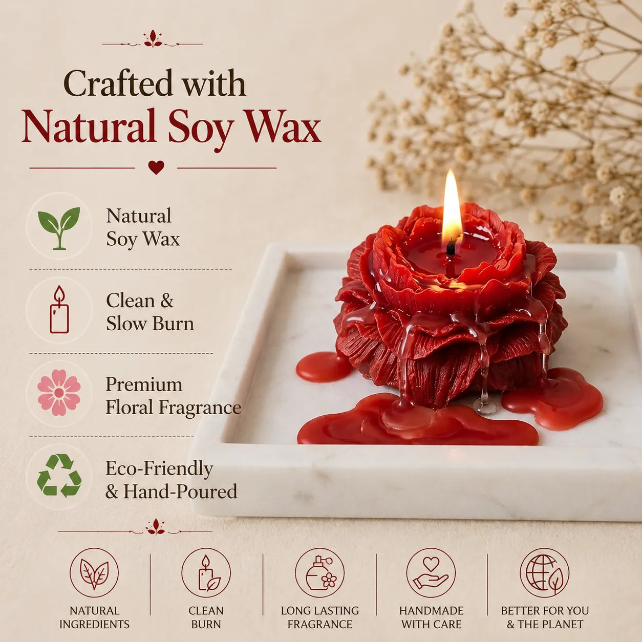 Red peony scented bouquet candle, a beautiful birthday gift crafted with natural soy wax and real dried flowers