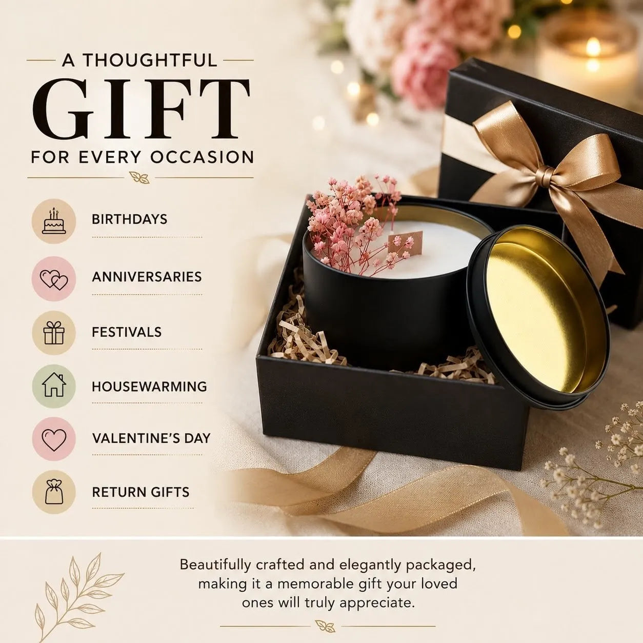 black tin jar scented botanical candle for gifting birthdays, anniversaries, festivals, housewarming, valentine day, return gifts