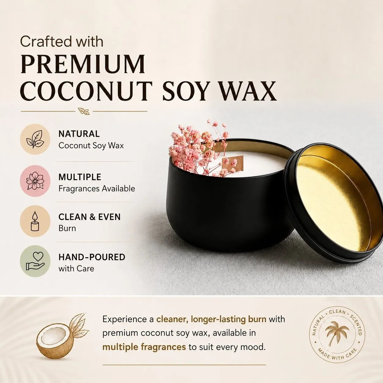 black tin jar scented natural coconut wax with dried flowers, clean even burn
