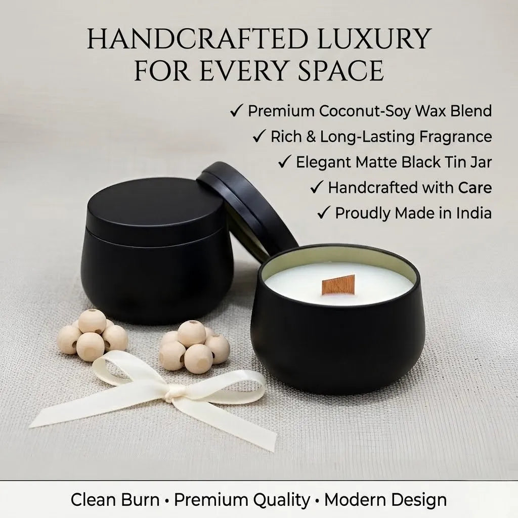 Elegant black tin jar candle made with natural coconut soy wax and luxurious oud fragrance