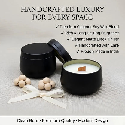 Elegant black tin jar candle made with natural coconut soy wax and luxurious oud fragrance