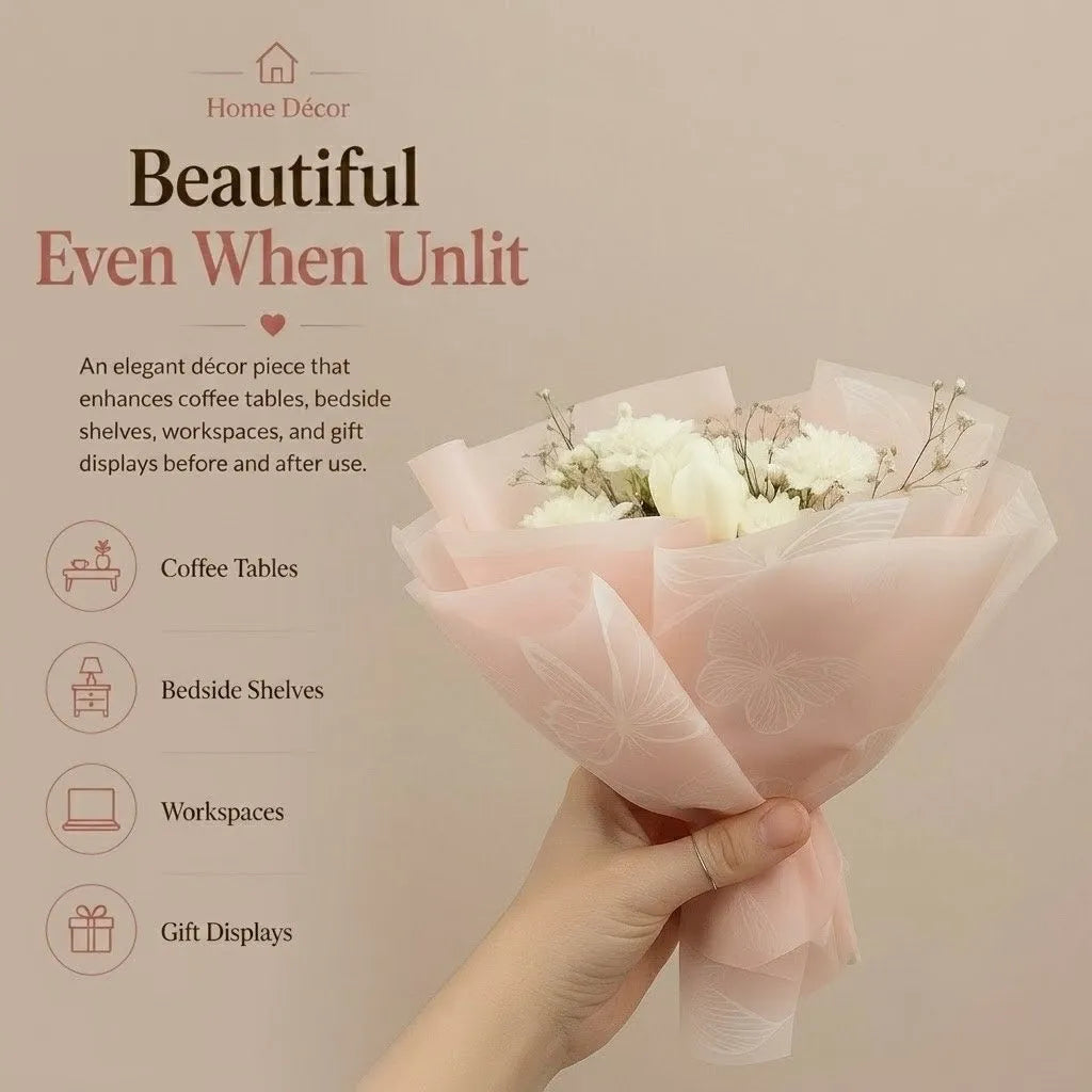 Eco-friendly ivory white scented bouquet candle made with premium soy wax and naturally preserved dried flowers
