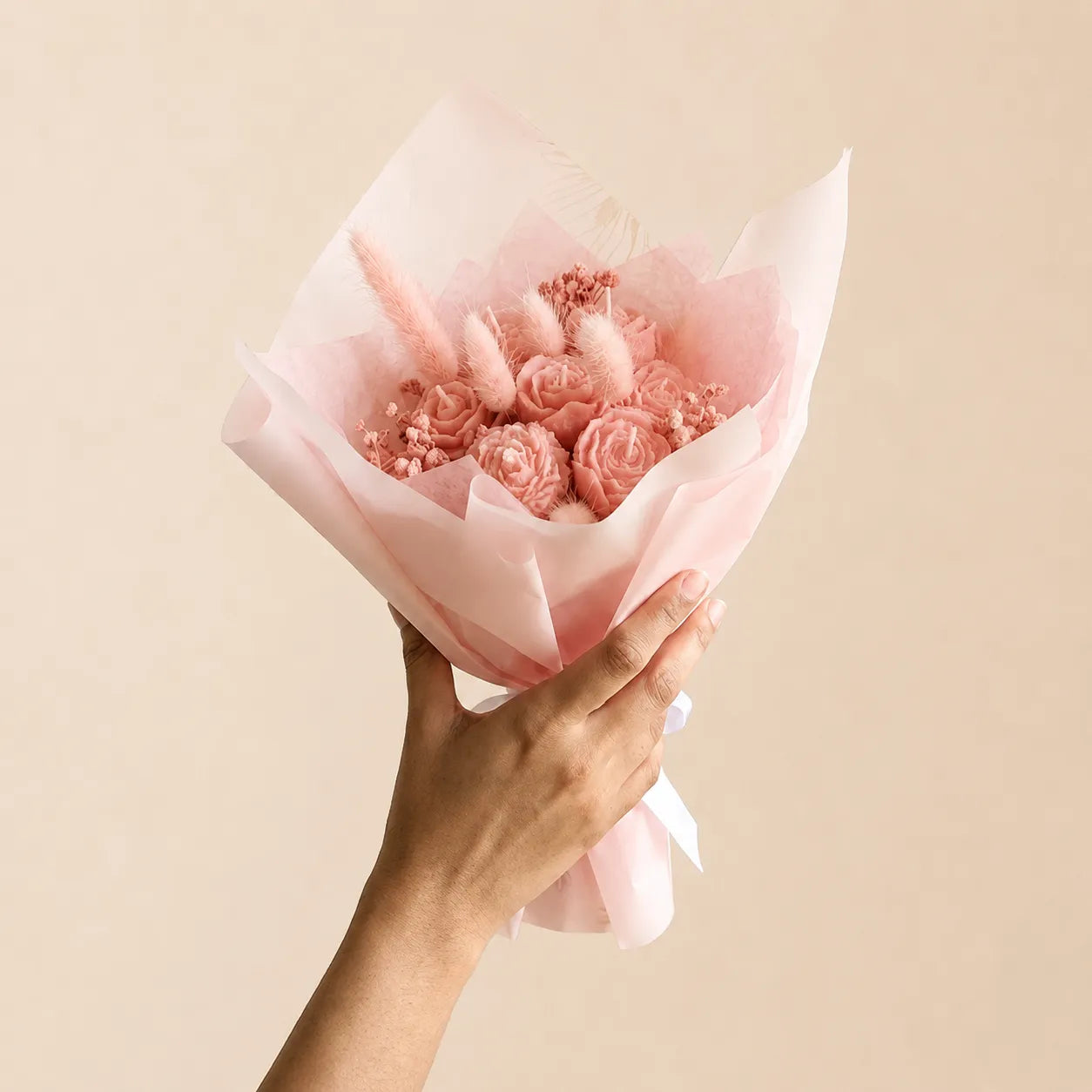 Eco-friendly mini pink scented candle bouquet made with premium soy wax and naturally preserved dried flowers