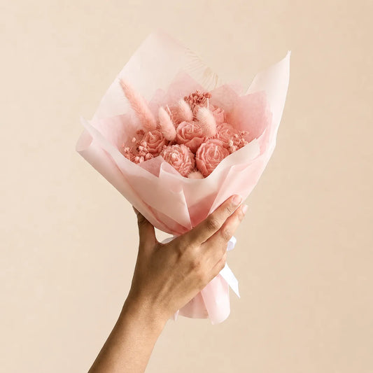 Eco-friendly mini pink scented candle bouquet made with premium soy wax and naturally preserved dried flowers