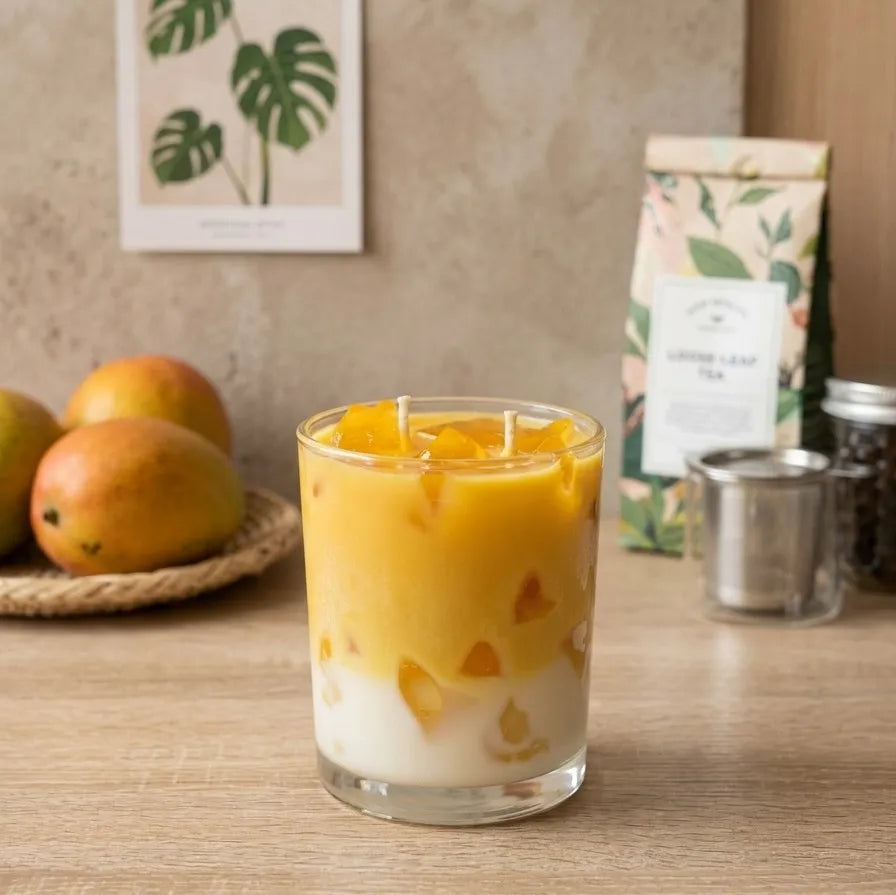 A beautiful top-down close-up shot highlighting the smooth texture and vibrant, creamy yellow color of the handcrafted mango shake candle