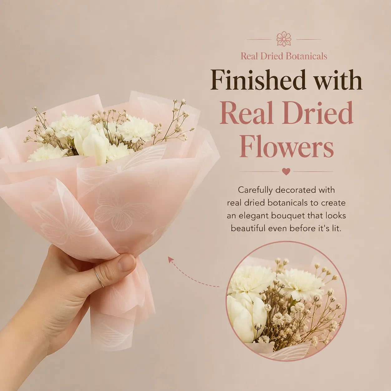 Handmade ivory white bouquet candle crafted from eco-friendly soy wax and decorated with real dried flowers