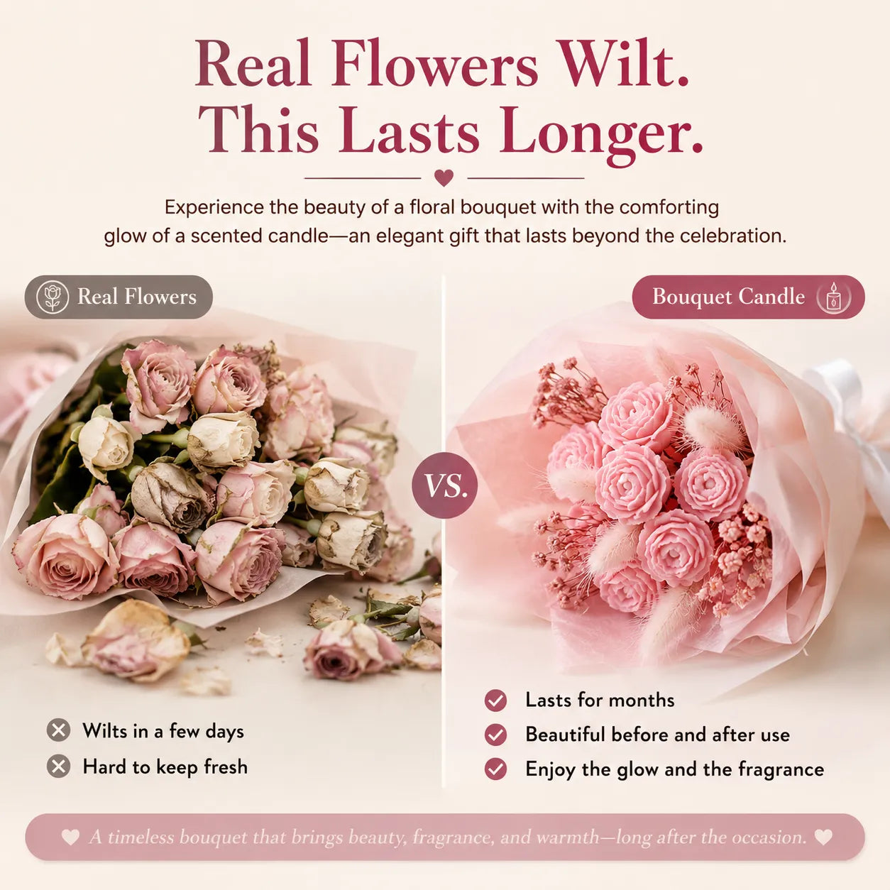 Handmade mini pink bouquet candle made from eco-friendly soy wax and decorated with real dried flowers