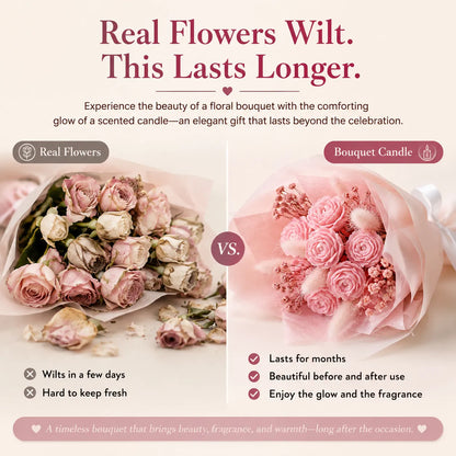 Handmade mini pink bouquet candle made from eco-friendly soy wax and decorated with real dried flowers