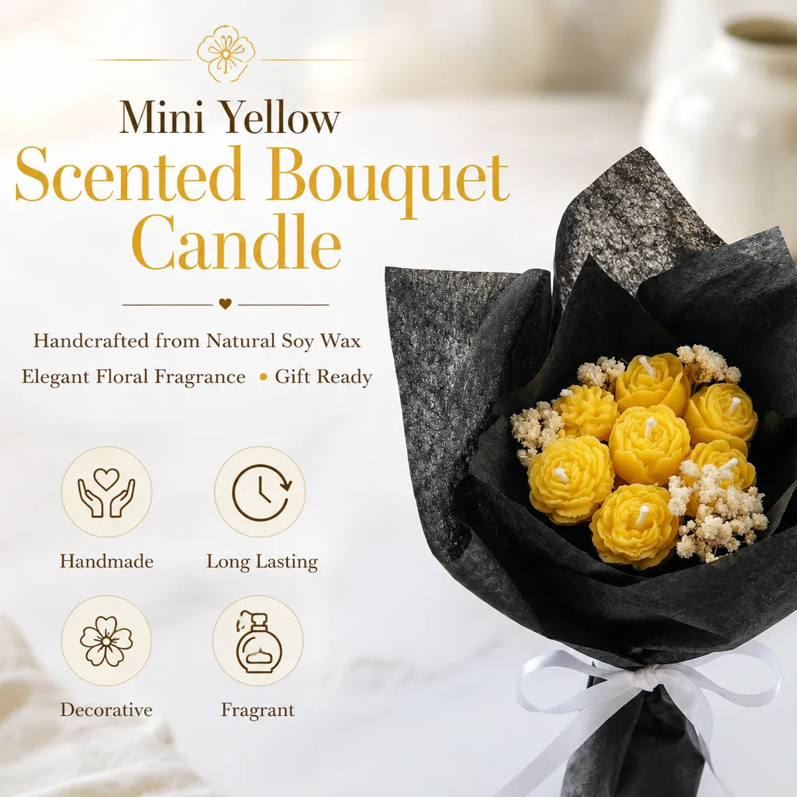 Handmade mini yellow bouquet candle made from eco-friendly soy wax and decorated with real dried flowers