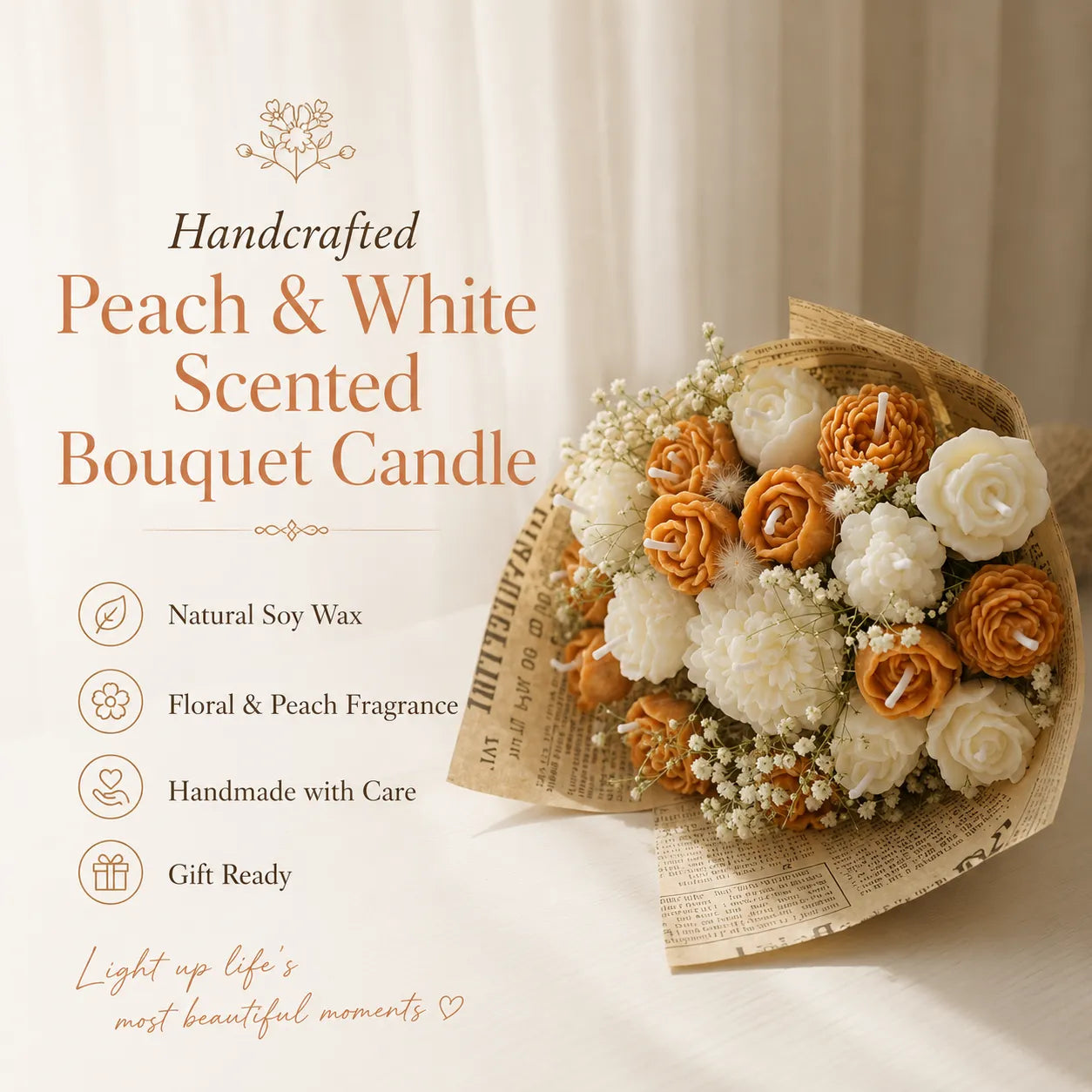 Handmade peach and white floral bouquet candle crafted from premium soy wax for home décor and gifting