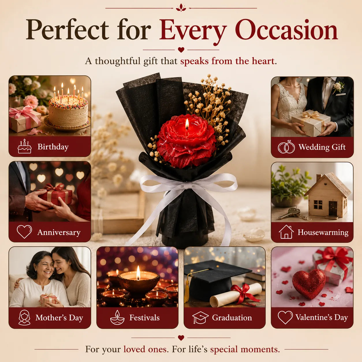 Handmade red peony bouquet candle made from eco-friendly soy wax and decorated with real dried flowers
