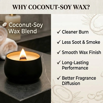 Black tin candle with a hidden secret message, infused with luxurious oud fragrance and coconut soy wax