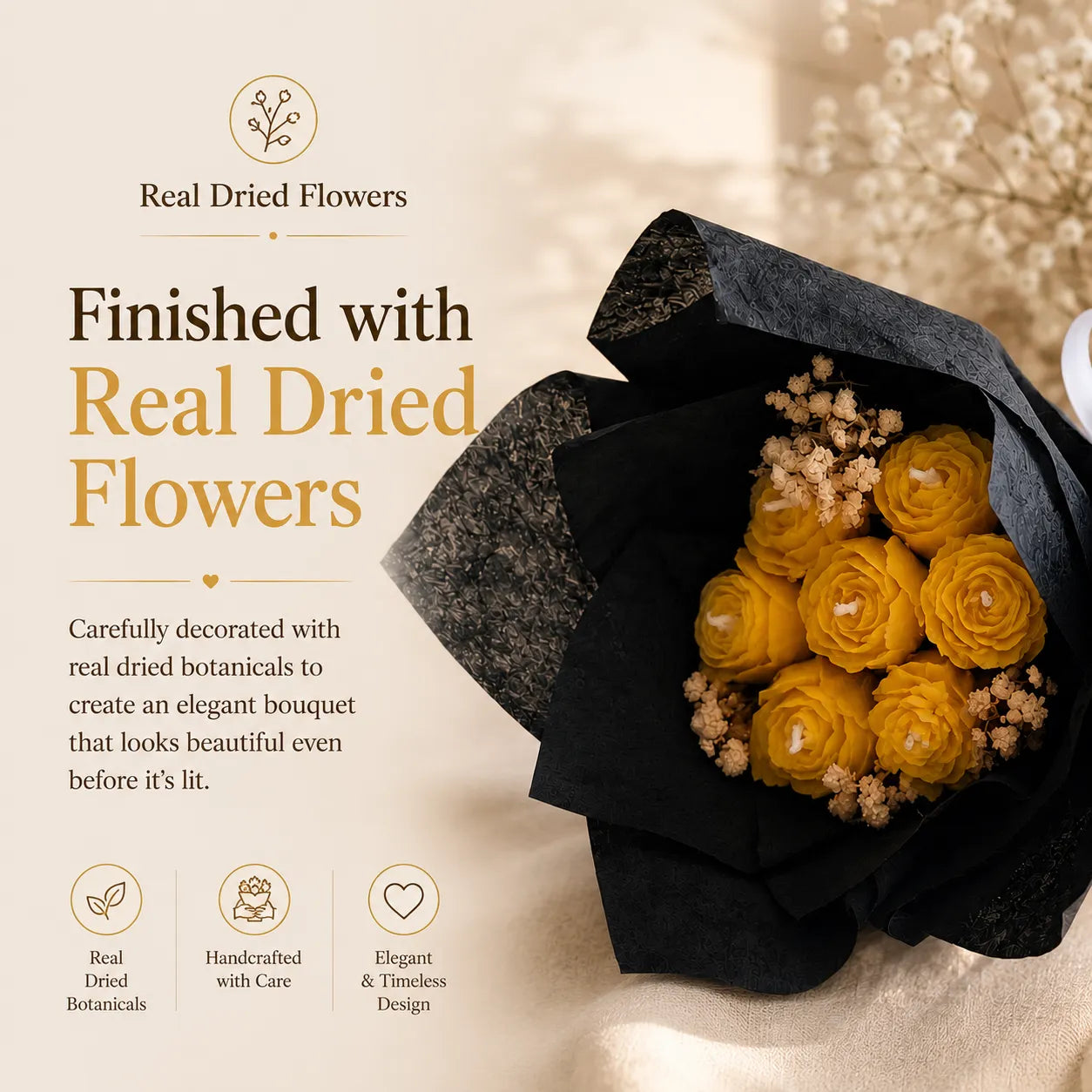 Decorative mini yellow bouquet candle with real dried flowers, adding warmth and elegance to any home decor