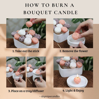 Step-by-step guide on how to burn a bouquet candle with images and text.