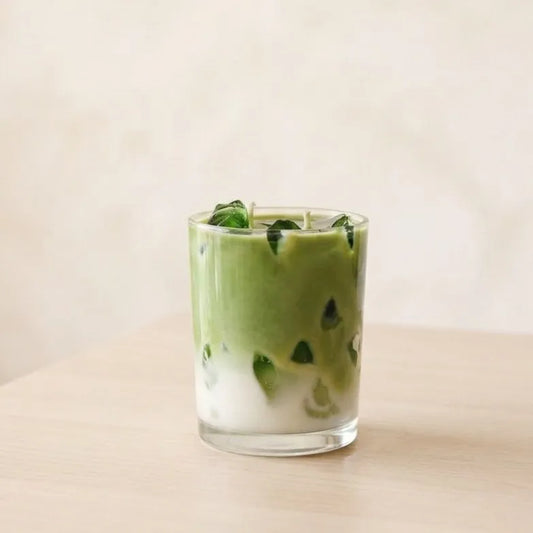 Handcrafted iced matcha latte scented jar candle made with premium soy wax, featuring a clean minimalist label design for aesthetic home decor
