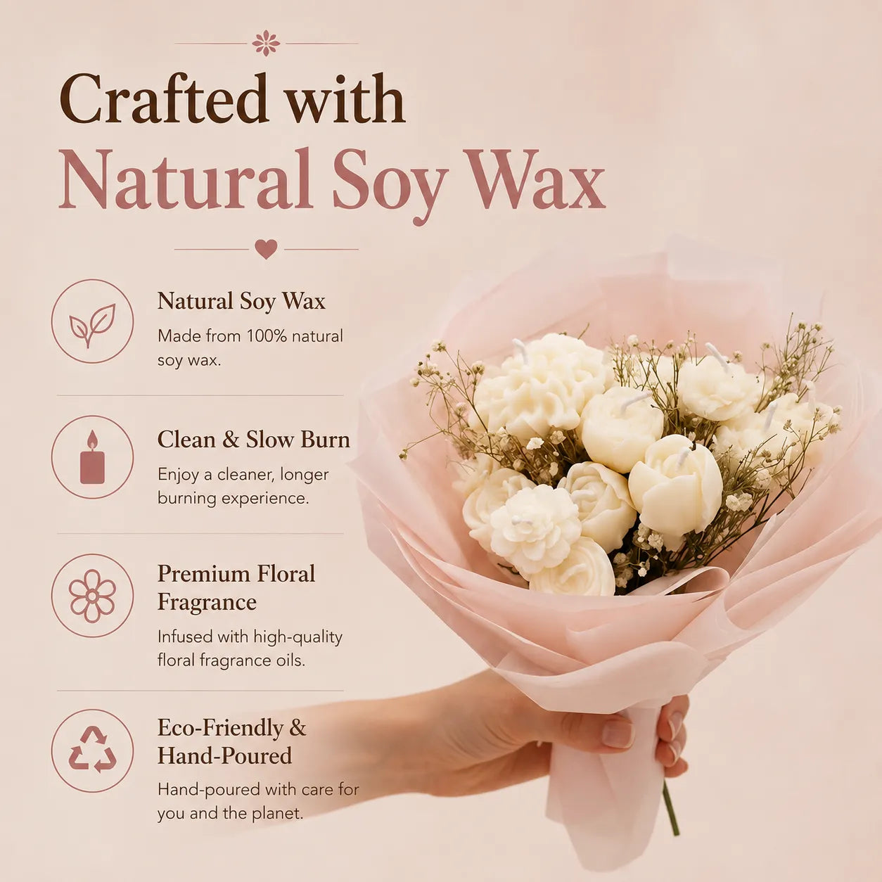 Ivory white floral bouquet candle with premium fragrance, a thoughtful gift for birthdays, anniversaries, and special occasions