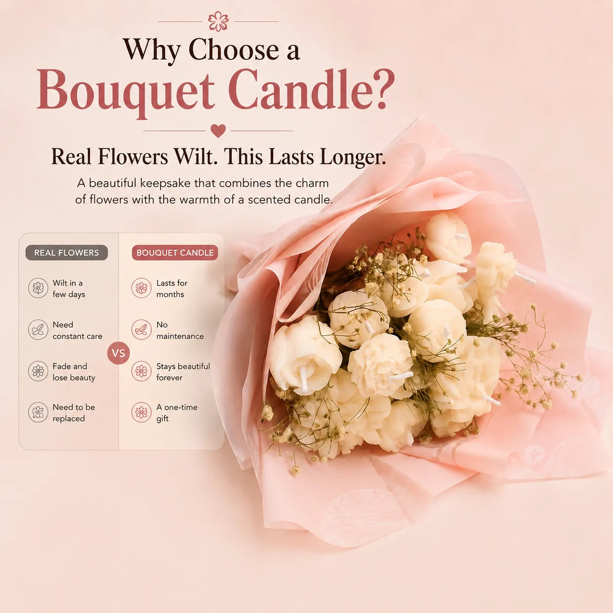 Ivory white scented bouquet candle handcrafted with natural soy wax and real dried flowers for elegant gifting