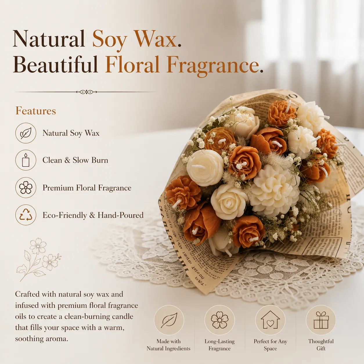 Long-lasting peach and white bouquet candle with premium fragrance, made from natural soy wax
