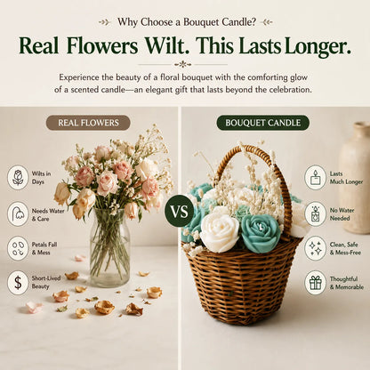 Long-lasting teal green scented bouquet candle with real dried flowers, handcrafted using premium soy wax