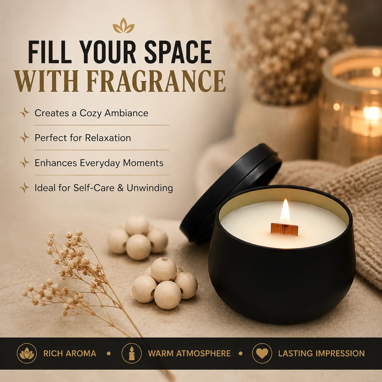 Luxury black tin jar candle featuring a warm oud aroma and eco-friendly coconut soy wax