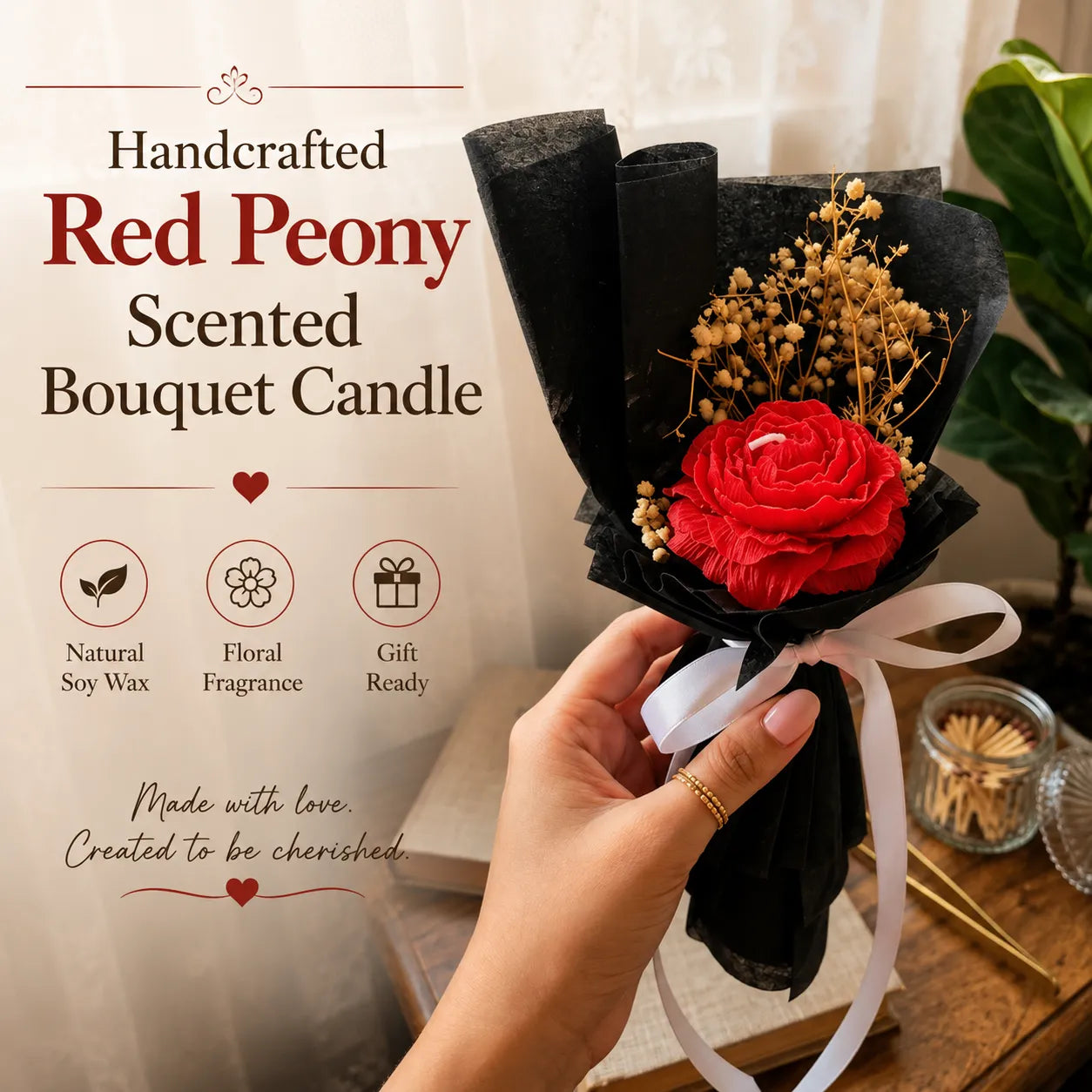 Luxury red peony scented bouquet candle featuring elegant floral details and a long-lasting fragrance.