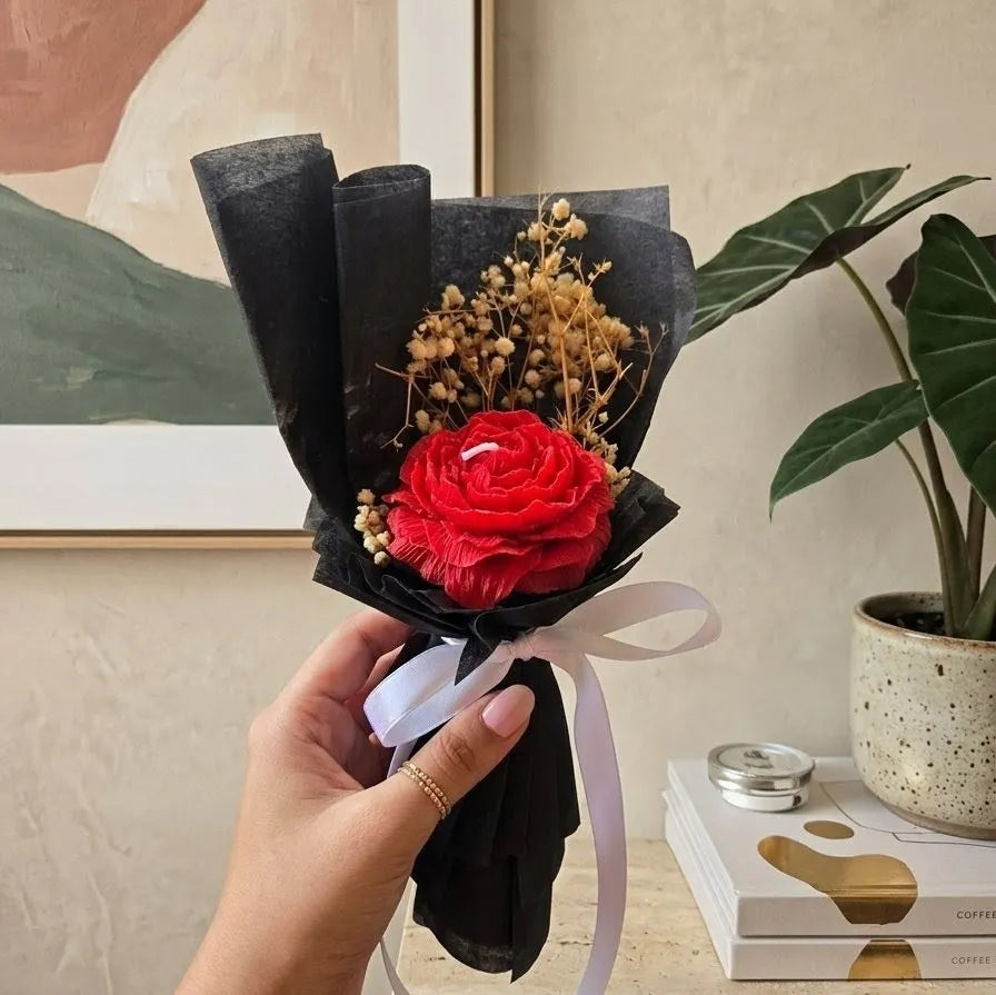 An aesthetic side profile of the crimson peony bouquet candle, showcasing its premium clean-burning 100% soy wax composition