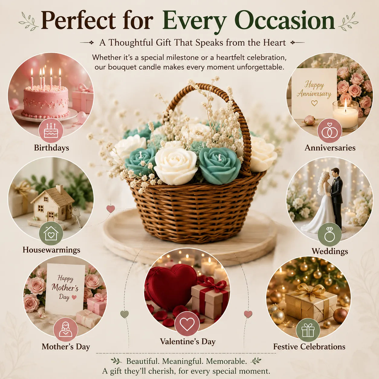 Luxury teal green bouquet candle in a wooden basket with real dried flowers, ideal for birthdays, anniversaries, and home decor