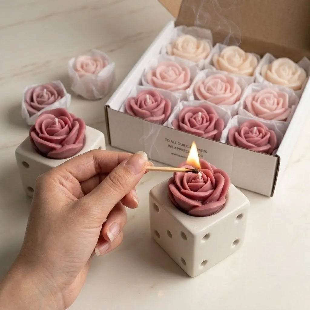 An aesthetic lifestyle shot of a pink rose style wax melt being placed onto a white ceramic diffuser tray to release a refreshing cherry blossom aroma