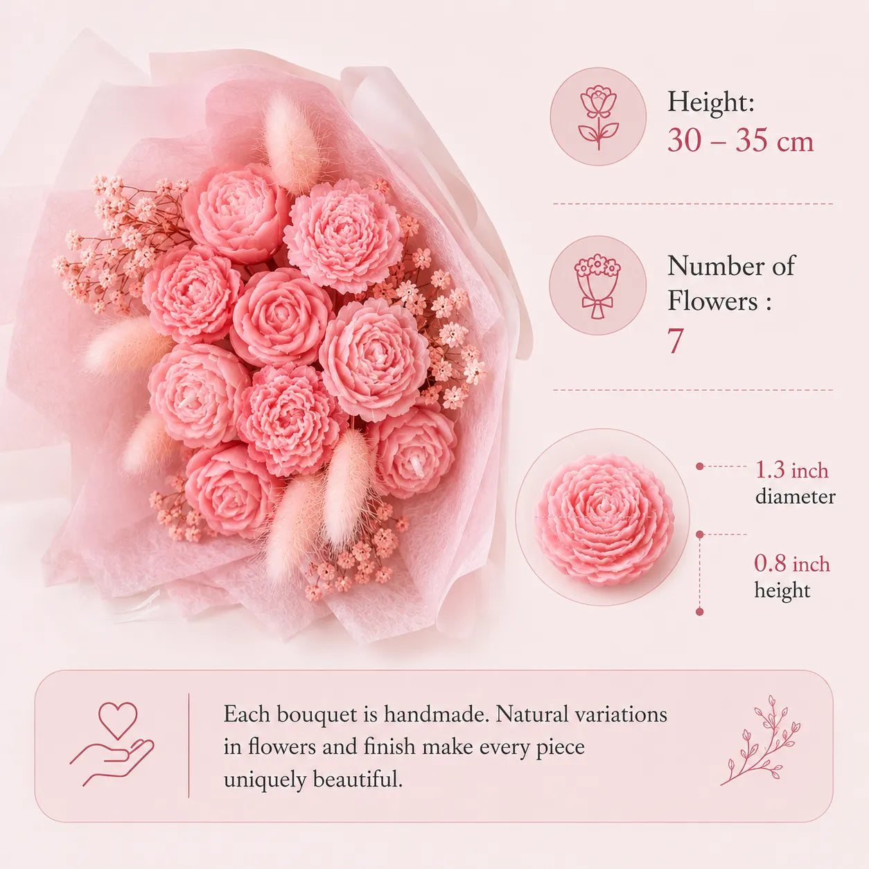 Mini pink scented bouquet candle with long-lasting fragrance, natural soy wax, and real dried flowers, perfect for gifting on birthdays, anniversaries, and special occasions